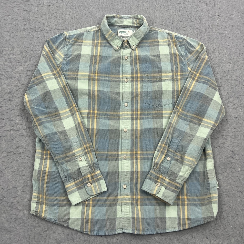 Wellen Shirt Mens XL Blue Plaid Organic Cotton Slim Corduroy Huckberry Button Up